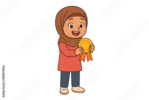 Smiling child wearing a headscarf celebrating success with a golden award badge