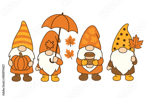 Cute Autumn Gnomes Set Holding Pumpkin Umbrella Coffee Cup and Maple Leaf