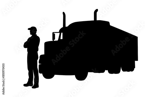 Silhouette of a professional truck driver standing next to a large commercial semi-truck