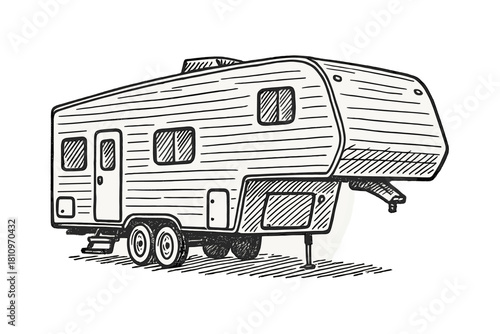 Large fifth wheel travel trailer recreational vehicle used for camping and road trips