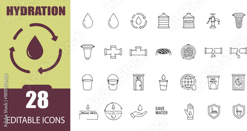 Collection of Water and Hydration Related Icons for Design and Illustration Projects Featuring Water Drops and Water Conservation Strategies with Editable Elements