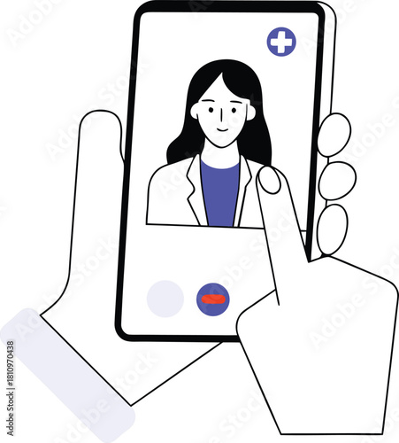 Patient using a smartphone for a virtual consultation with a smiling female doctor, representing telemedicine.
