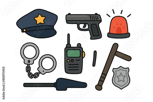 Law enforcement accessories set including police cap, handgun, handcuffs, and walkie talkie