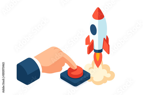 Hand pressing a big red launch button next to a rocket taking off in an isometric view