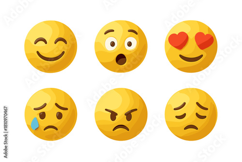 Set of six yellow emoji faces displaying various human emotions
