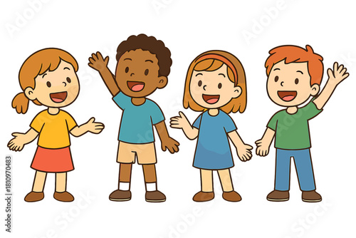 Four diverse young children smiling and enthusiastically waving hands in greeting