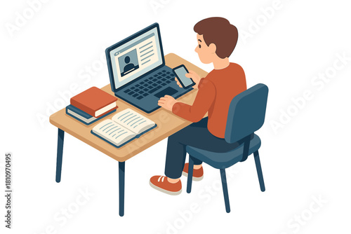 Young man studying or working remotely at a desk using a laptop and mobile phone