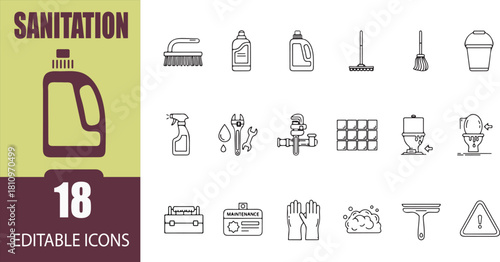 Set of eighteen line icons representing sanitation maintenance and household cleaning supplies offering a diverse range of vector graphics and essential cleaning solutions