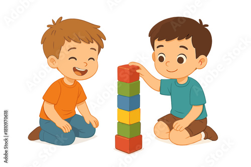 Two happy young boys playing together and stacking colorful toy blocks on the floor