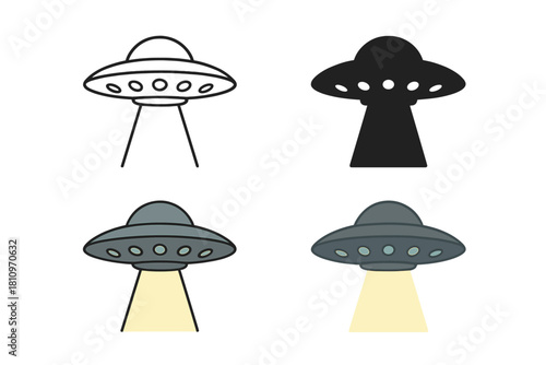 Set of stylized extraterrestrial spaceship icons in outline, silhouette, and color styles