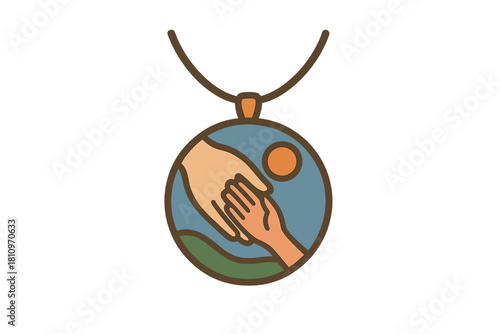 Stylized circular pendant featuring two hands reaching out over a landscape with sun and hills
