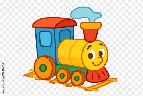 Colorful cartoon steam train engine and passenger carriage on railroad tracks with smiling face