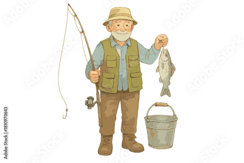 Cheerful senior fisherman holding a freshly caught fish and a rod standing next to a metal bucket
