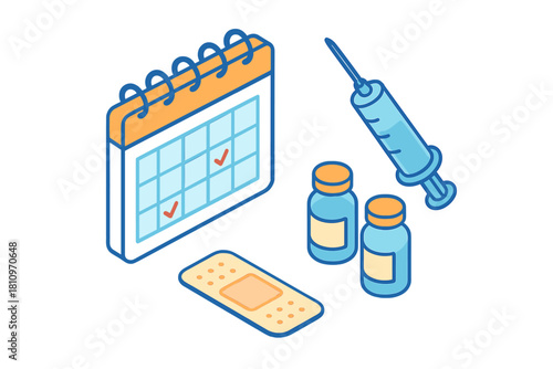 Calendar showing confirmed vaccine appointment dates with syringe, vials, and bandage