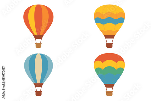 Four brightly colored hot air balloons with various patterns for travel and adventure