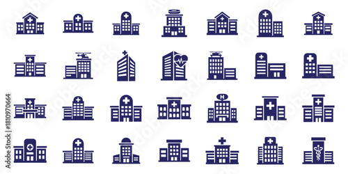 Collection of Dark Blue Hospital Building Icons with Medical Symbols healthcare