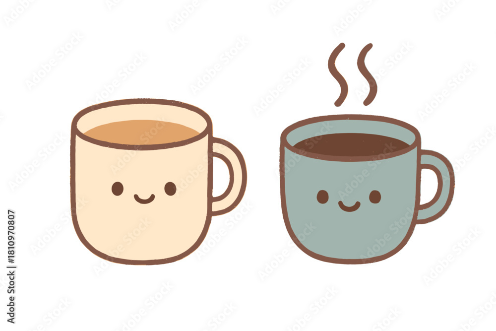 Obraz premium Two adorable cartoon coffee mugs with smiling faces holding hot beverages