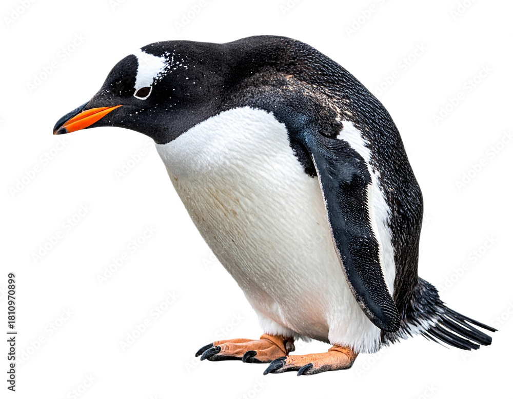 Fototapeta premium Gentoo penguin standing, isolated on white background, transparent PNG