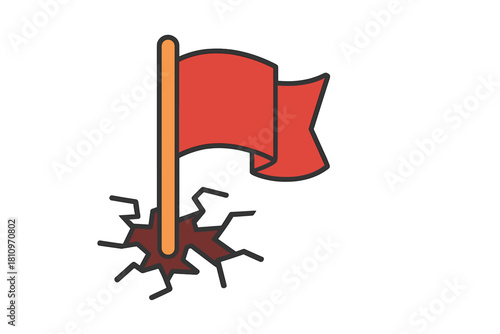 Red flag planted in cracking ground symbolizing danger and warning