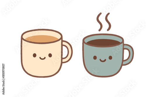 Two adorable cartoon coffee mugs with smiling faces holding hot beverages