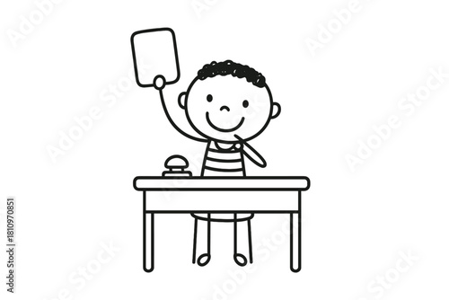 Happy elementary school student sitting at a desk raising a response card