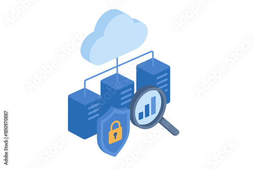 Isometric concept of cloud computing data security and analysis with server racks and protective shield