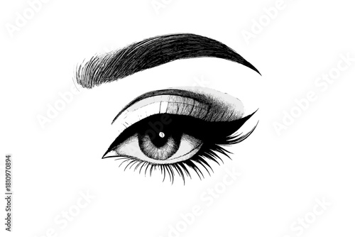 Dramatic black and white eye makeup with long eyelashes and perfectly shaped eyebrow