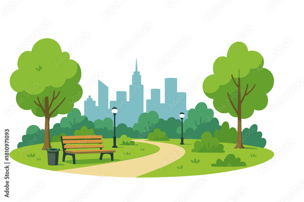 Ταπετσαρία Public park scene with lush greenery, walking path, bench, and modern city skysc