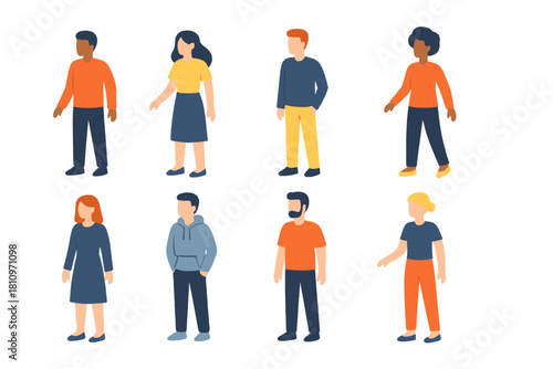 Diverse group of eight people standing in casual clothing set against a white background