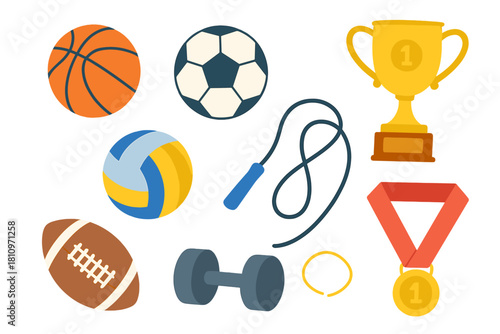 Diverse set of athletic equipment including balls, weights, jump rope, trophy, and medal
