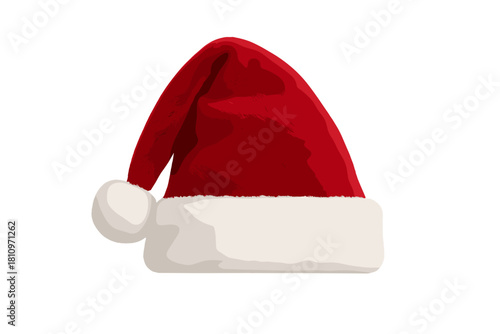 Classic red and white Santa Claus hat with fluffy pompom and trim isolated on a pure white background