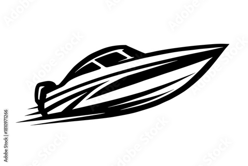 Dynamic powerful speed boat racing across the water surface in stylized monochrome