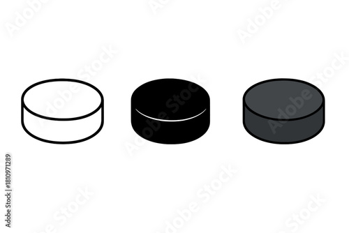 Three distinct styles of ice hockey pucks including outline, silhouette, and detailed graphic