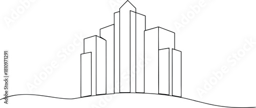 Stylized black and white outline of a city skyline