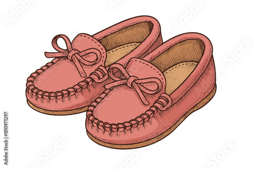 Soft pink leather moccasin shoes with decorative front bows and traditional stitched detailing