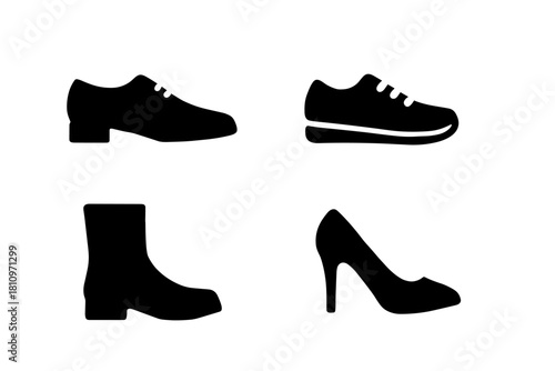 Formal dress shoes, athletic sneakers, ankle boots, and high heels in black silhouette style
