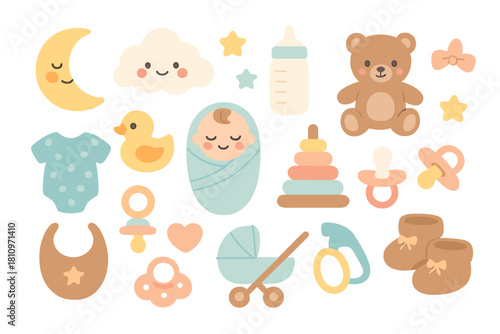 Essential newborn baby items collection including teddy bear, pacifier, clothing, and stroller