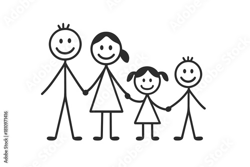 Simple black and white stick figure family of four holding hands together symbolizing happiness