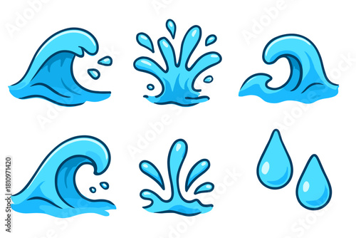 Set of cartoon water elements including ocean waves, dynamic splashes, and simple rain drops