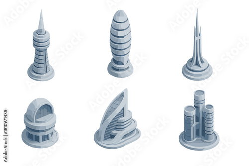 Six futuristic isometric city buildings and modern architectural skyscrapers