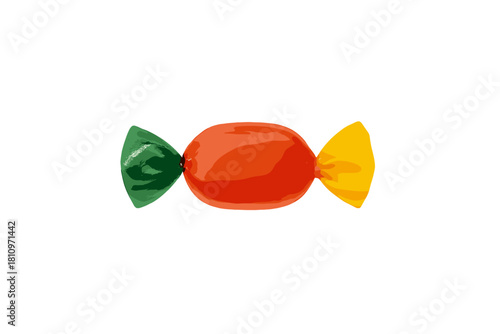 Single oval hard candy wrapped in red, green, and yellow foil isolated on white