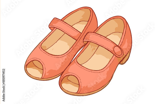 Stylish pair of coral pink peep toe Mary Jane shoes with straps and low heels