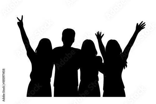 Four friends celebrating success together with raised hands and joyful gestures