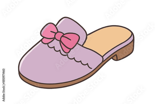 Single cute purple slipper house shoe with decorative pink bow on the toe area