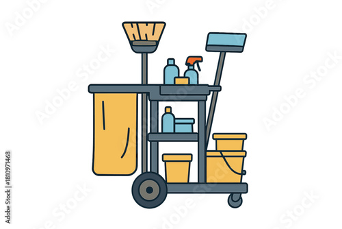 Professional janitorial housekeeping cart with cleaning supplies and equipment