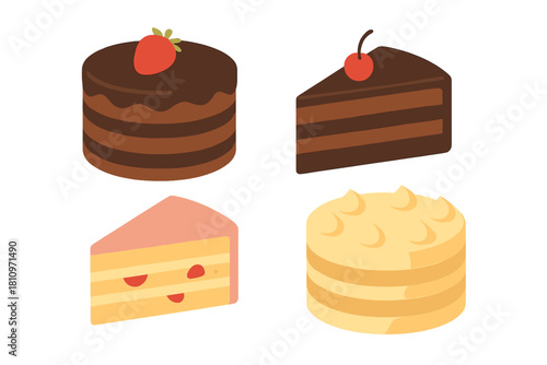 Assortment of sweet layered cakes and slices with chocolate, strawberry, and vanilla flavors