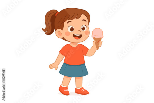 Smiling girl with a ponytail holding a sweet frozen dessert in a crispy waffle cone
