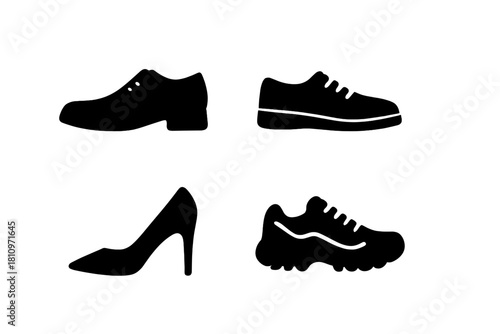 Set of four different footwear silhouettes including formal, casual, athletic, and high heel shoes