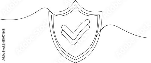 Black line art shield with check mark on white security
