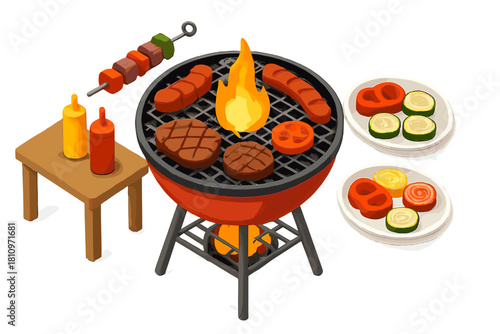 Flaming barbecue grill loaded with steaks, sausages, and vegetables for a summer cookout party
